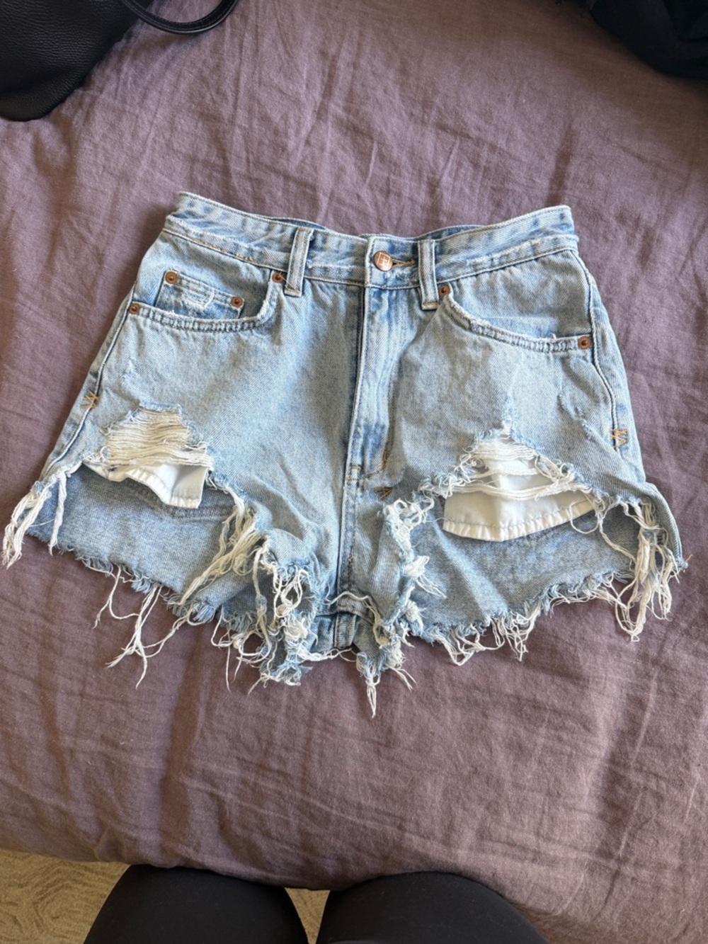 Ksubi High-Rise Distressed Light Blue Denim Shorts
